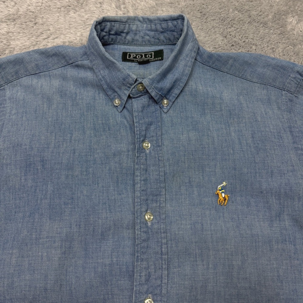Vintage Polo Ralph Lauren Button Down Shirt Womens M Blue Chambray Pony 80s READ - Picture 3 of 12